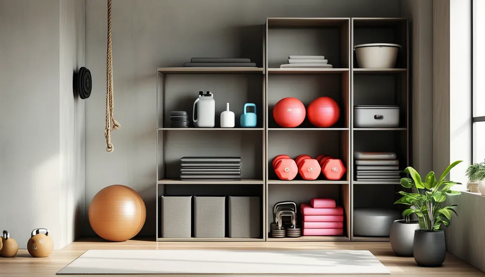 Compact home gym equipment neatly arranged in a small space